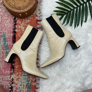 Zara Neutral Off-White Black Square Toe Faux Leather Heeled Boot Bootie 39 / 8